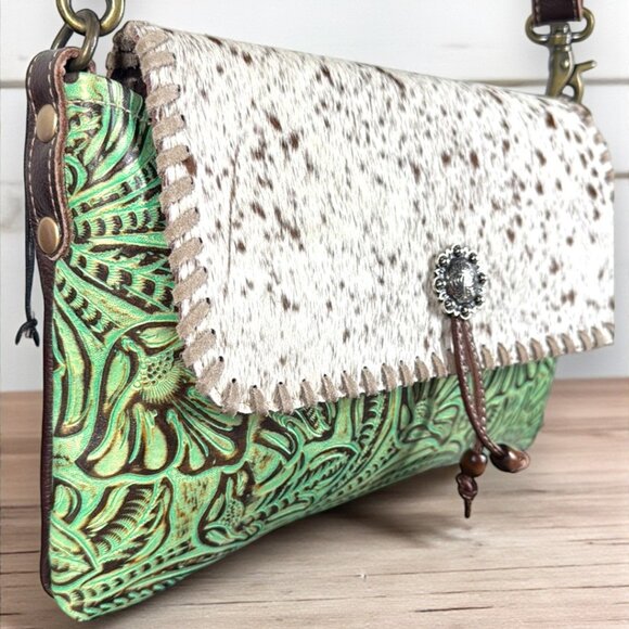 Myra Bag Embossed Leather & Hair-on Shoulder Crossbody Bag "Canyonlands"- New - Picture 5 of 14